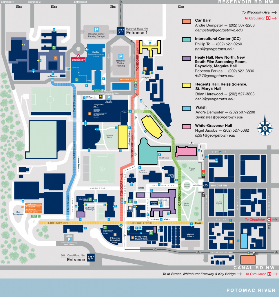 A map of Georgetown University's main campus indicating each technology zone and the relevant Classroom Managers' contact information.

Car Barn - Andre Dempster, 202-507-2208, dempstea@georgetown.edu
Intercultural Center (ICC) - Phillip To, 202-527-0250, pnt4@georgetown.edu
Healy Hall, New North, New South Film Screening Room, Reynolds, Maguire Hall - Rebecca Farkas, 202-527-3836, rbf37@georgetown.edu
Regents Hall, Reiss Science, St. Mary's Hall - Brian Harewood, 202-527-2208, bsh9@georgetown.edu
Walsh - Andre Dempster, 202-507-2208, dempstea@georgetown.edu
White-Gravenor Hall - Nigel Jacobs, 202-527-5082, nj391@georgetown.edu